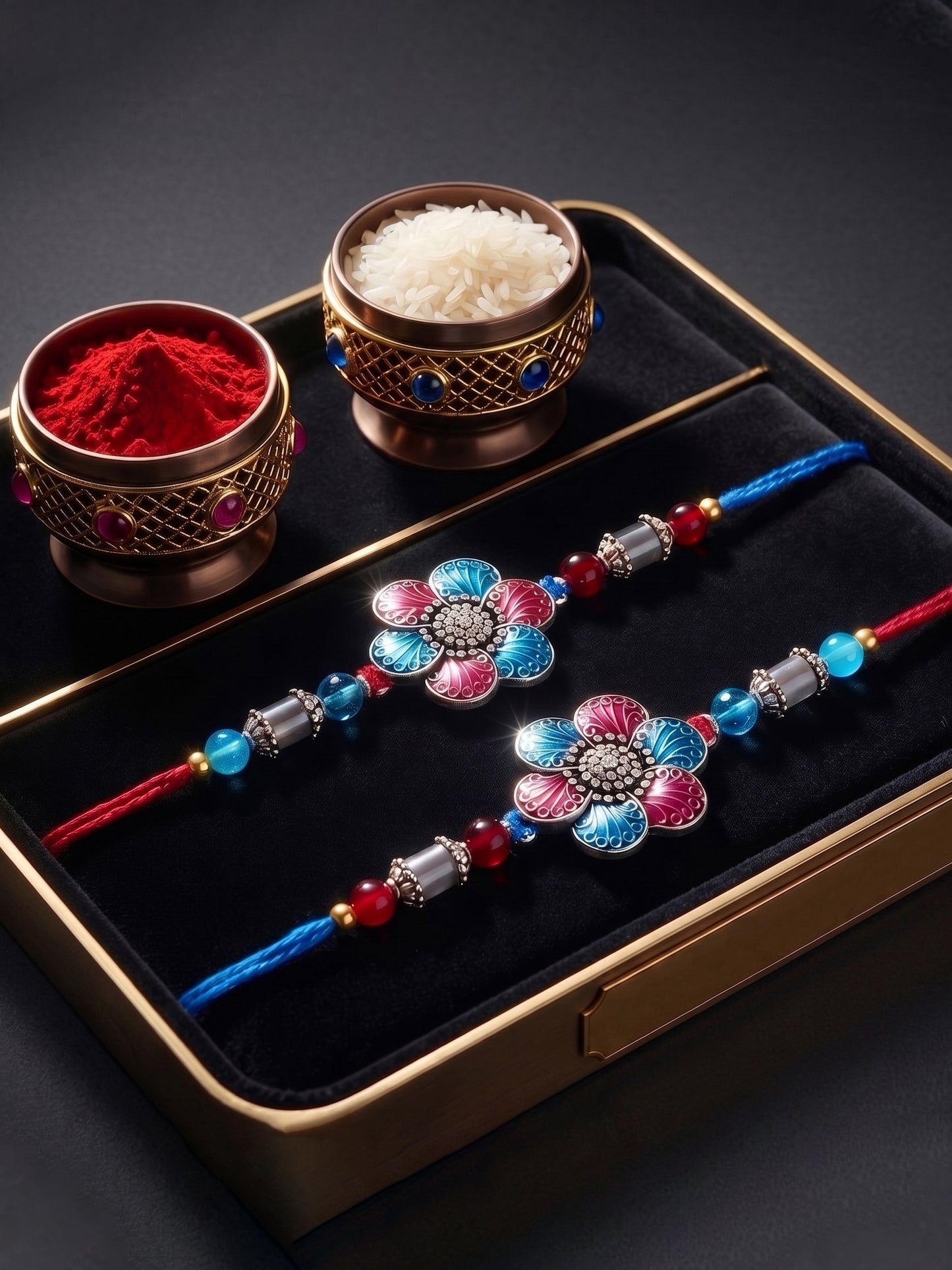 Set of 2 Designer Floral Rakhi for Brother with Metallic, Blue & Maroon Enamel, Roli & Chawal (106-CHR1-1967-RF-S-2-2026)