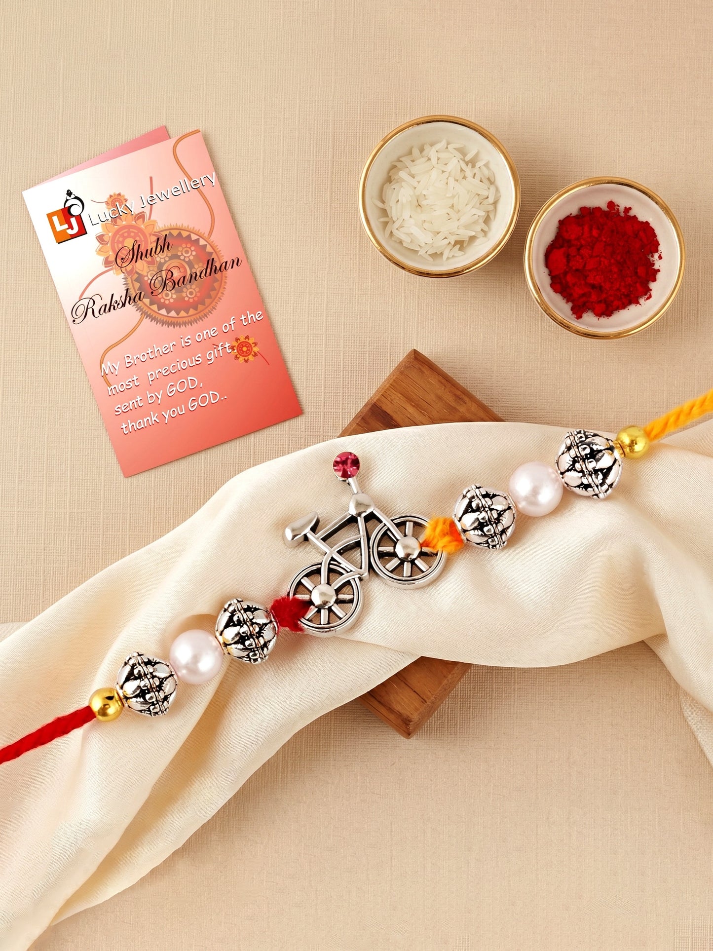 Lucky Jewellery Oxidised Silver Cycle Rakhi for Brother with Beads, Roli Chawal & Greeting Card Combo (36-JPR1-1954-S-1-2026)