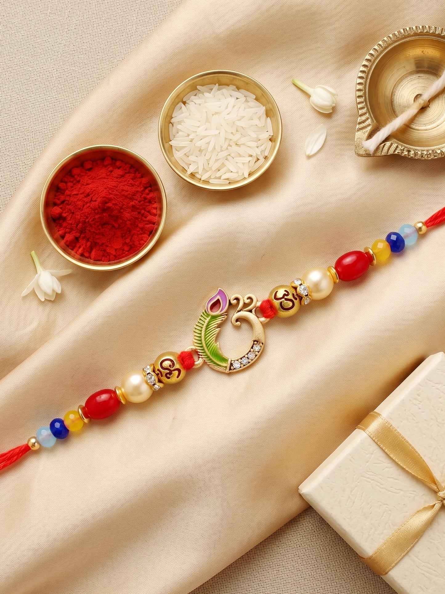 Traditional Om & Peacock Spiritual Beaded Rakhi For Brother With Roli Chawal & Card (72-S5R1-AR2903)