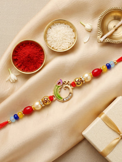 Traditional Om & Peacock Spiritual Beaded Rakhi For Brother With Roli Chawal & Card (72-S5R1-AR2903)