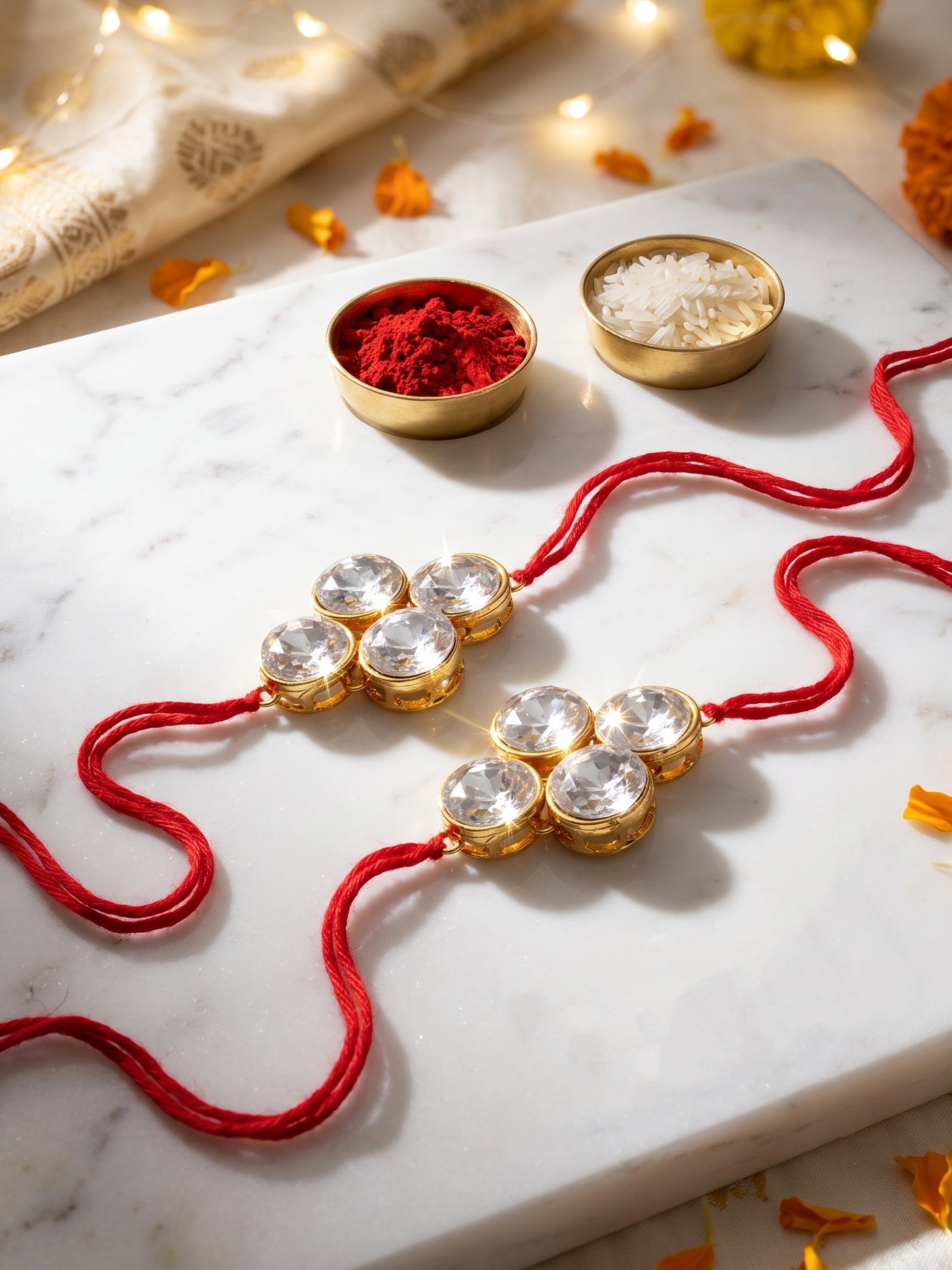 LUCKY JEWELLERY Traditional Rakhi for Brother/Bhaiya – Gold Plated Red Thread Rakshabandhan Rakhie White Stones for Bhai/Bhabhi (Pack of 2) – Fancy Rakhee Bracelet Rakshasutra (198-L1R1-19-W-2-2026)