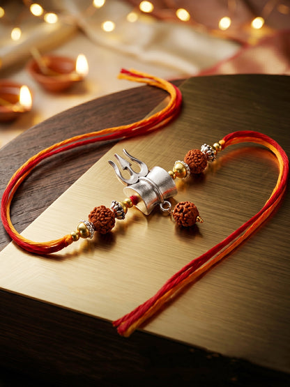 Set of 2 Small Trishul Damaru Pendant Rakhi for Brother with Rudraksha & Gold Beads, Roli Chawal (126-JPR1-1972-S-2-2026)