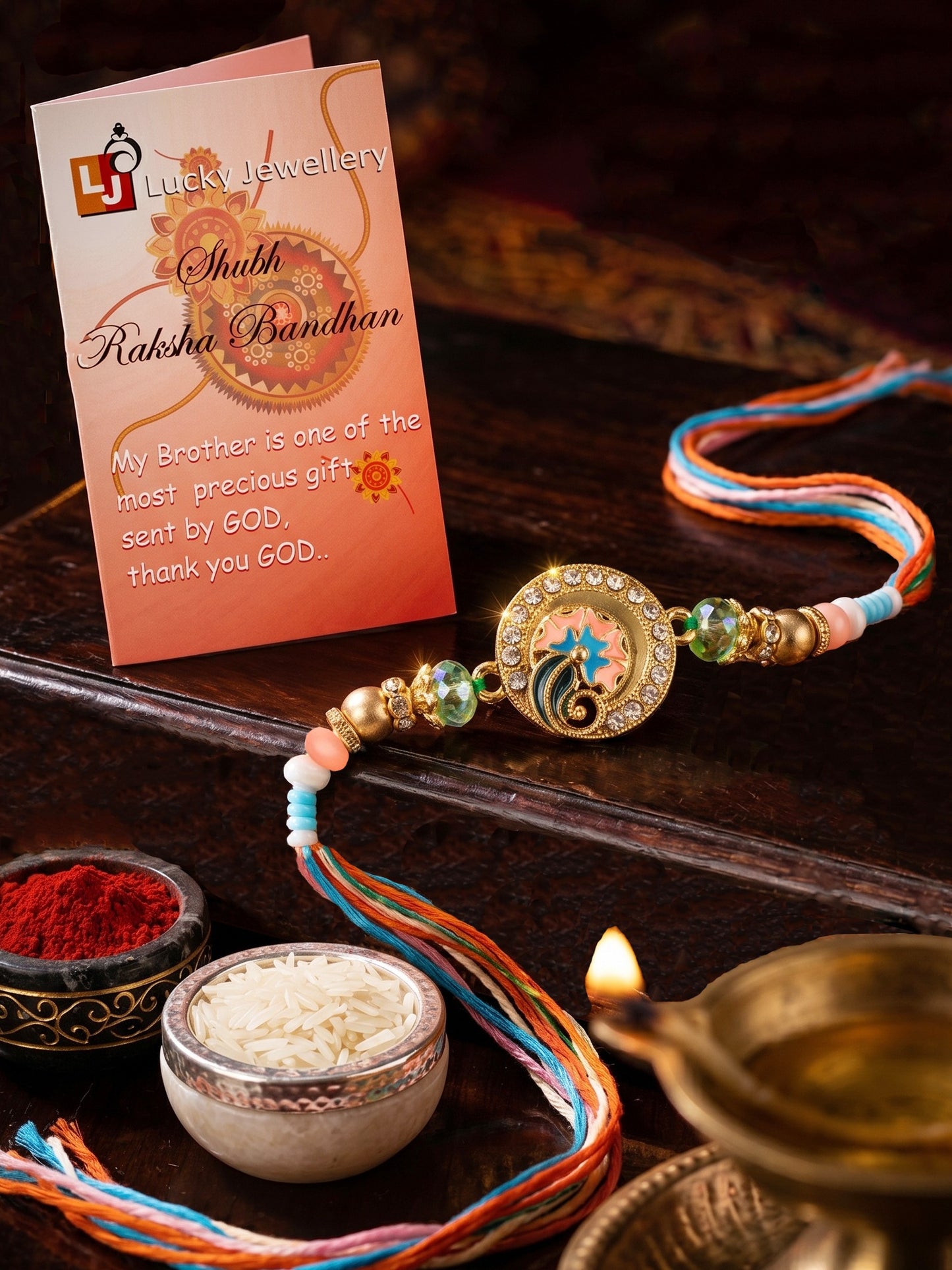 Designer Floral Enamel Multicolour Beaded Rakhi for Brother with Roli Chawal & Greeting Card (70-S7R1-EA2822)