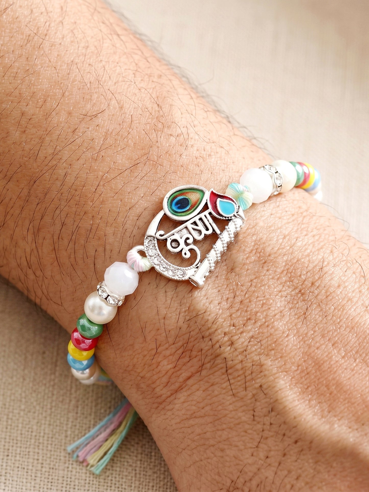 Spiritual Silver Krishna Bansuri Beaded Rakhi For Brother With Roli Chawal & Card (102-S5R1-AR2728)