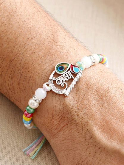 Spiritual Silver Krishna Bansuri Beaded Rakhi For Brother With Roli Chawal & Card (102-S5R1-AR2728)