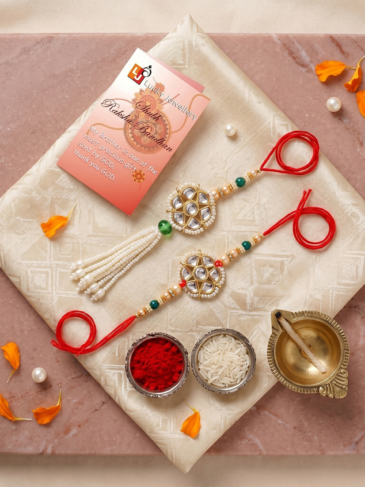 Set of 2 Bhaiya Bhabhi Rakhi Set with Floral Kundan, Green & White Beads, Tassel Lumba, Roli Chawal (118-JPCR1-1850-2-2026)