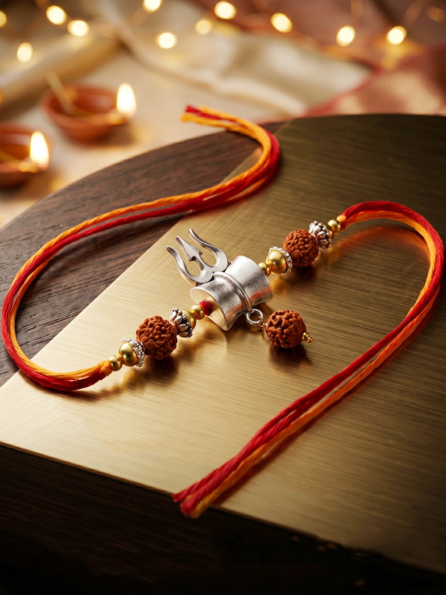 Oxidised Silver Shiva Trishul Rakhi for Bhai with Golden Beads, Roli, Chawal & Card (78-JPR1-1972-S-1-2026)