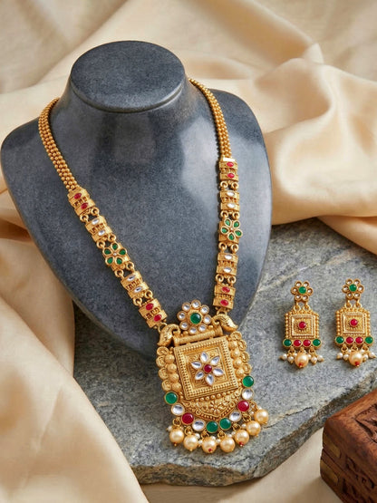 Lucky Jewellery Gold-Plated Ruby & Green Color Long Necklace Set (732-G2SR-192-RG)