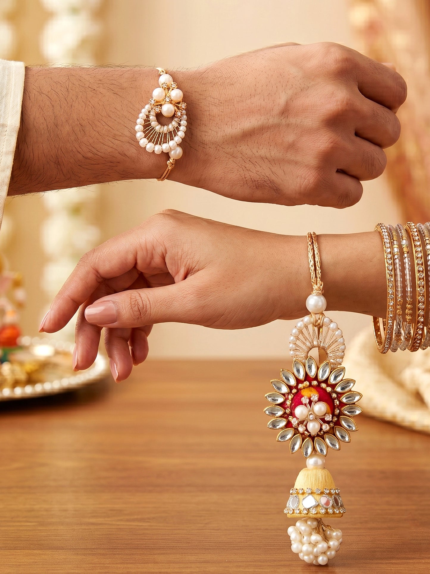 Designer Floral Kundan Bhaiya Bhabhi Rakhi Set | Yellow Jhumki Lumba & White Stone Beaded Rakhi (240-S7R1-PJ7402-M)