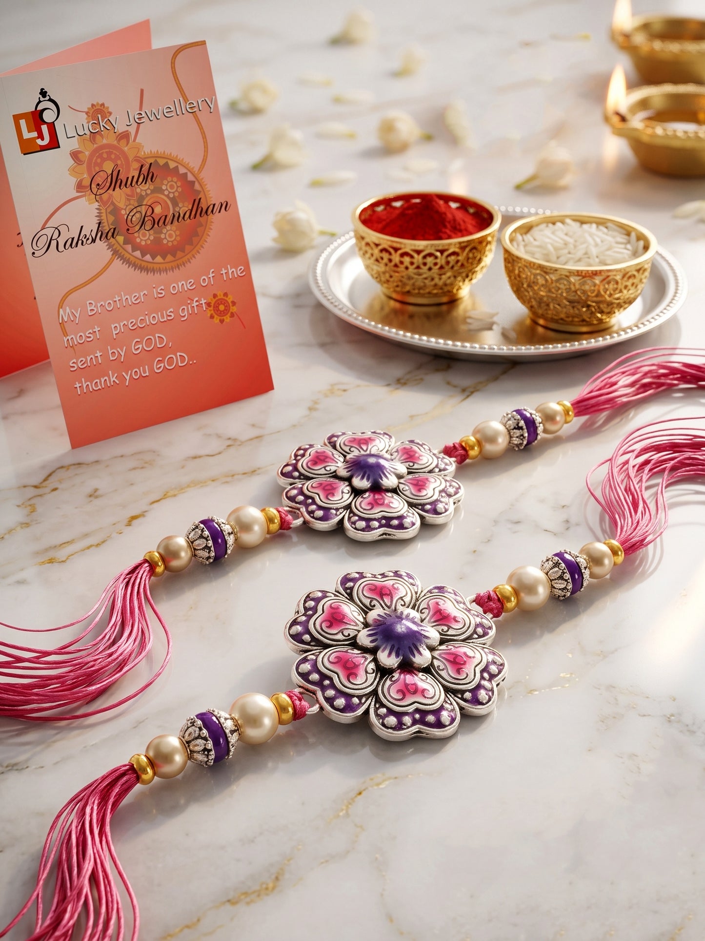Set of 2 Magenta Floral Rakhi for Brother with Purple Accents, Beads, Roli Chawal & Card (108-CHR1-1966-P-S-2-2026)