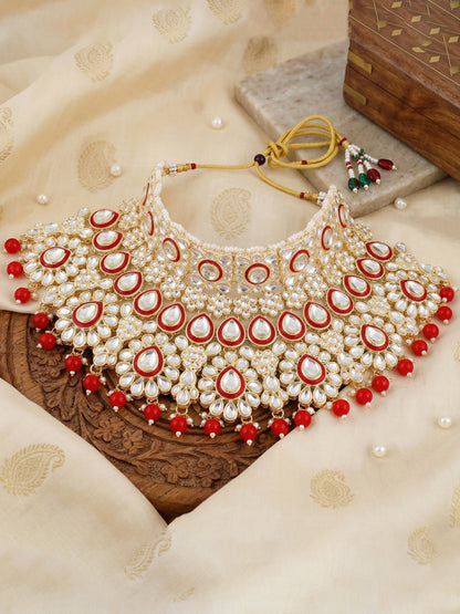 Bridal Kundan Bright Red Heavy Choker Jewellery Set with Hathphool & Nath (2640-IZK-551-RED)