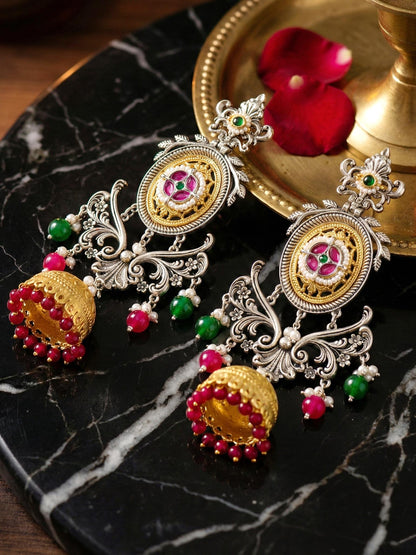 LUCKY JEWELLERY Oxidised Silver & Gold Traditional Jhumka with Ruby & Green Beads Earrings For Girls & Women| Kashmiri Style jhumkee Earing Set | Birthday Gift Earrings Valentine Anniversary Gift