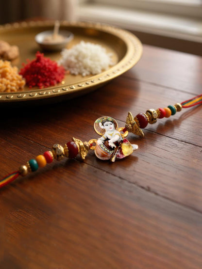 Gold Plated Little Krishna Kids Rakhi - Rakshabandhan Religious Rakhee for Bhaiya/Bhabhi - Pack of 1