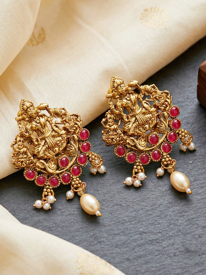 Lucky Jewellery Gold-Plated Laxmi Idol Temple Ruby Color Necklace Set (660-G2SR-196-R)