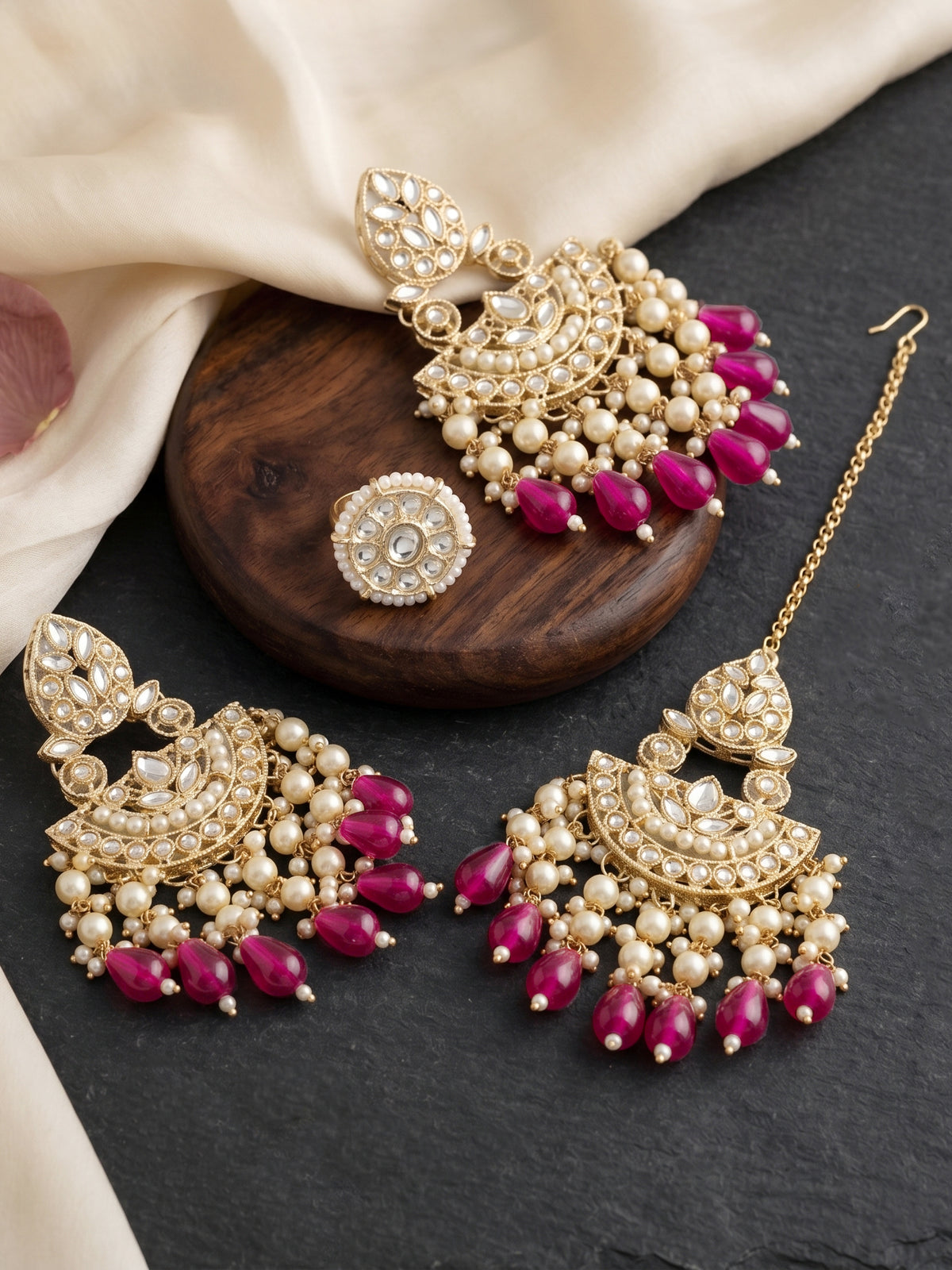 Gold Plated Kundan & Pearl Rani Pink Stone Bridal Choker Jewellery Set with Maang Tikka (1683-ISK-855-R)