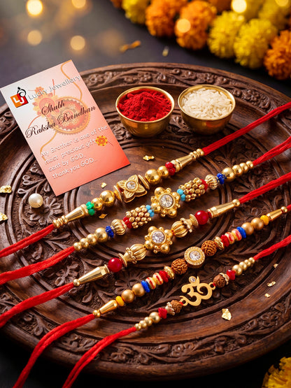 Lucky Jewellery Set of 5 Rakhi with Small Floral & Om Centerpieces, Gold-Tone Beads, Roli Chawal & Card (57-S7R1-2313-5)