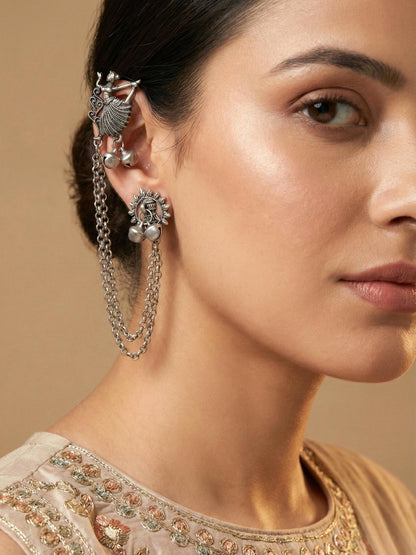 Oxidised Silver Tribal Dancer Ear Cuff with Ghungroo Chain Earrings For Girls & Women (258-KK2O-10672)
