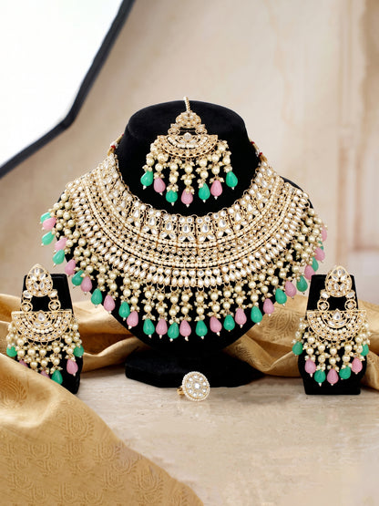 Gold Plated Kundan & Pearl Pink Mint Stone Bridal Choker Jewellery Set with Maang Tikka (1683-ISK-855-PKMNT)