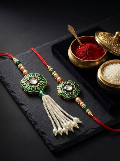 Set of 2 Bhaiya Bhabhi Rakhi Set with Floral Pendant, Green & Golden Beads,Tassel Lumba,Roli Chawal (130-JPCR1-1853-G-2-2026)