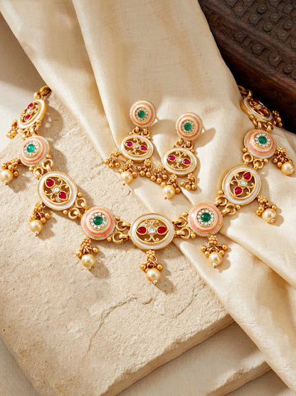 Lucky Jewellery Gold-Plated Meenakari Red & Green Stone Necklace Set (580-G2SR-260-WRG)