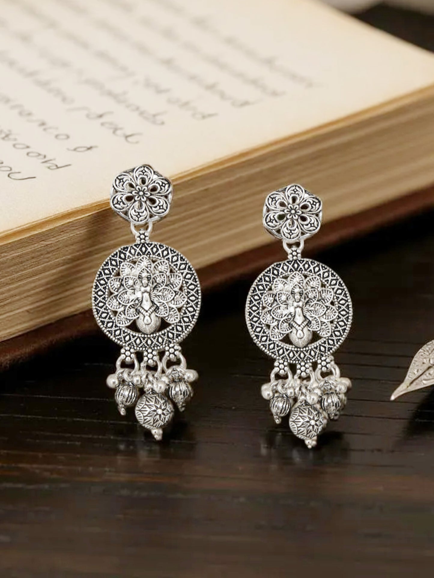 Oxidised Silver Peacock Design Long Necklace Set for Women & Girls