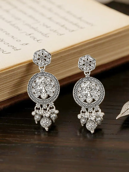 Oxidised Silver Peacock Design Long Necklace Set for Women & Girls