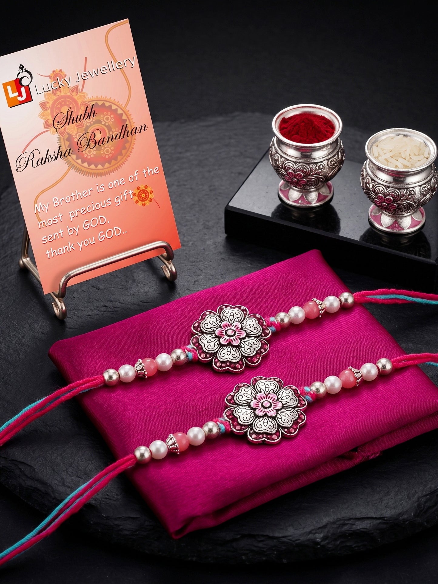 Set of 2 Magenta Floral Rakhi for Brother with pink Accents, Beads, Roli Chawal & Card (108-CHR1-1966-R-S-2-2026)