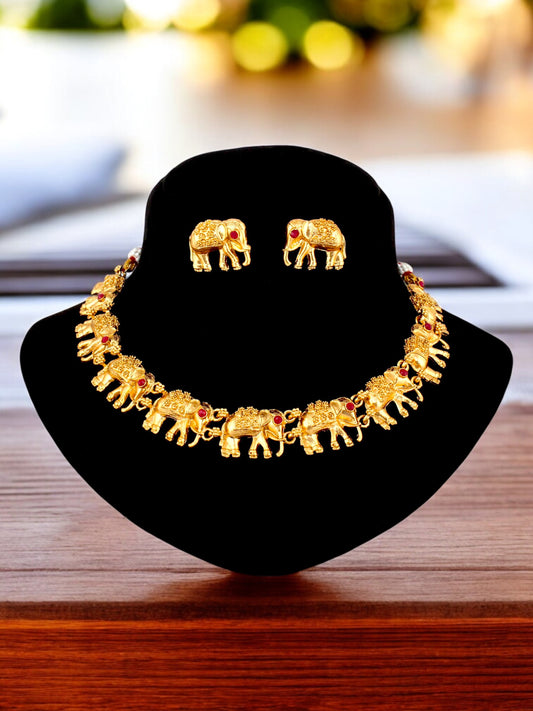 Designer Gold-Plated Elephant Design Choker Necklace Set for Women & Girls – Traditional Style