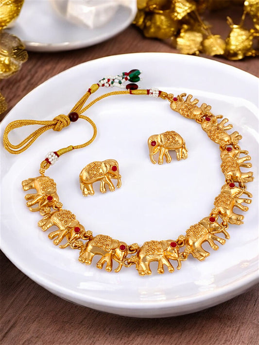 Designer Gold-Plated Elephant Design Choker Necklace Set for Women & Girls – Traditional Style