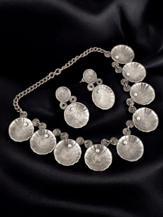 Trendy Gold Plated Jewelry Necklace with Earrings Silver Oxidised Jewellery and Earring Set  (522-KSO-17418-S)