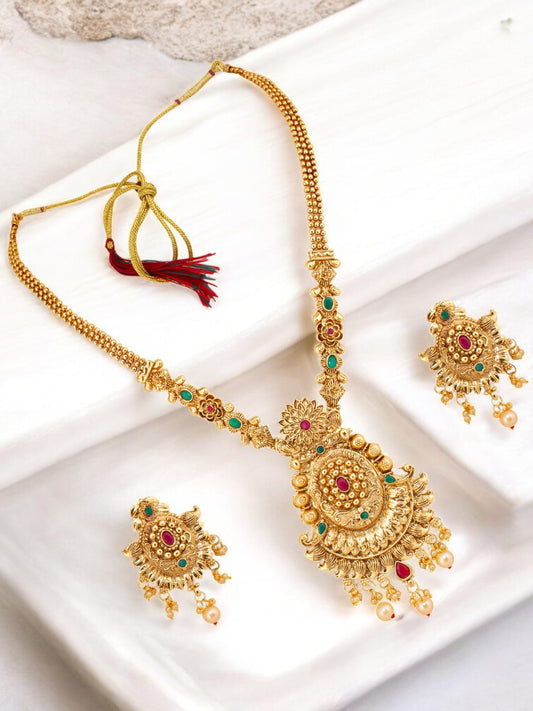 Gold-Plated Long Necklace Set with Earring Traditional Jewelry for Women & Girls (561-G2SR-187A-RG)