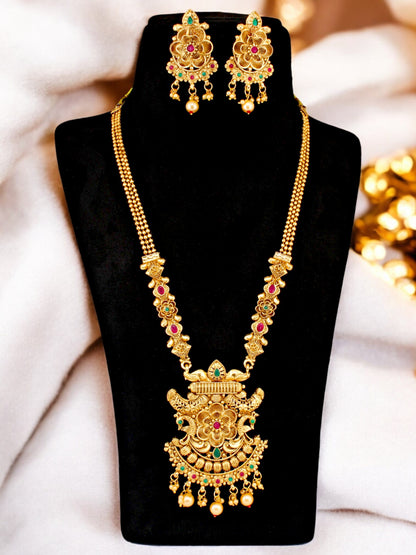 Gold-Plated Long Necklace with Earring Traditional Jewelry for Women & Girls (561-G2SR-187B-RG)