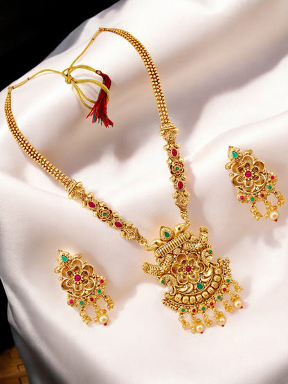 Gold-Plated Long Necklace with Earring Traditional Jewelry for Women & Girls (561-G2SR-187B-RG)