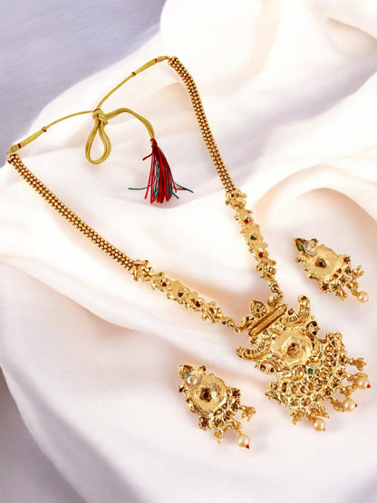Gold-Plated Long Necklace with Earring Traditional Jewelry for Women & Girls (561-G2SR-187B-RG)
