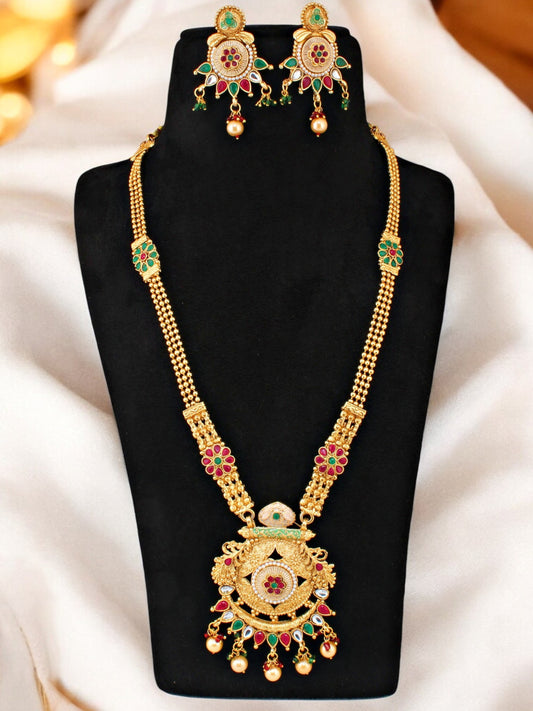 Gold-Plated Meenakari Long Necklace Set with Earrings for Women & Girls (561-G2SR-187C-WRG)