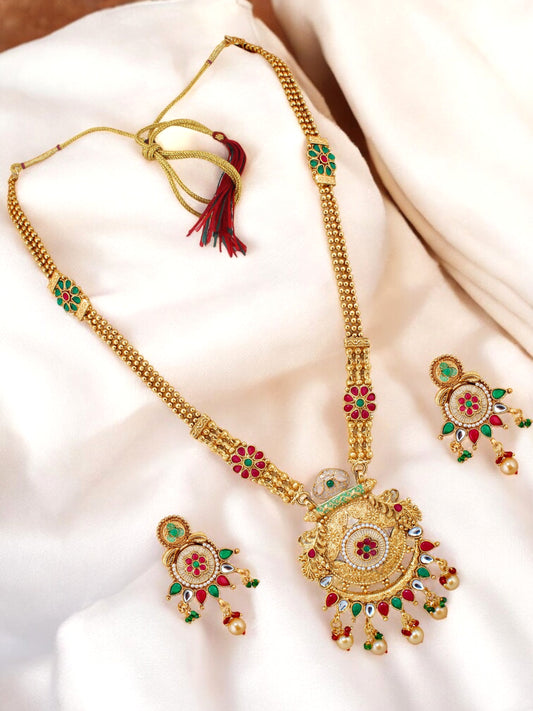 Gold-Plated Meenakari Long Necklace Set with Earrings for Women & Girls (561-G2SR-187C-WRG)