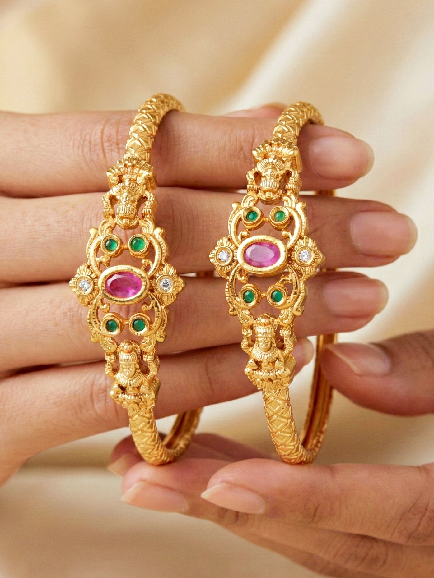 Gold-Plated Temple Style Pink & Green Stone Bangle (568-C1BG-2194-2)