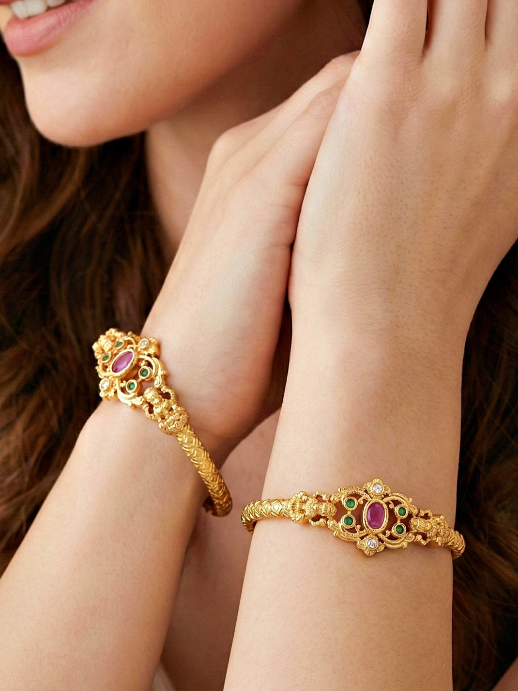 Gold-Plated Temple Style Pink & Green Stone Bangle (568-C1BG-2194-2)