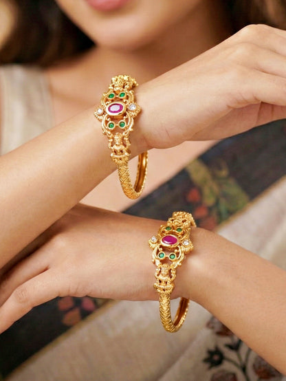 Gold-Plated Temple Style Pink & Green Stone Bangle (568-C1BG-2194-2)