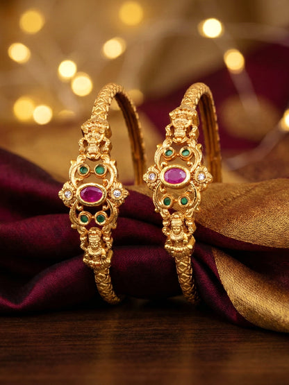 Gold-Plated Temple Style Pink & Green Stone Bangle (568-C1BG-2194-2)