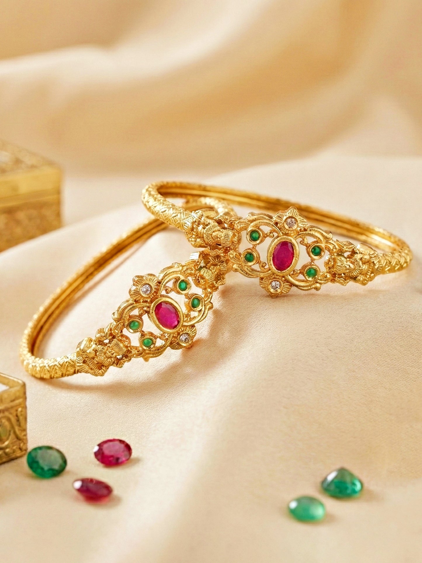 Gold-Plated Temple Style Pink & Green Stone Bangle (568-C1BG-2194-2)