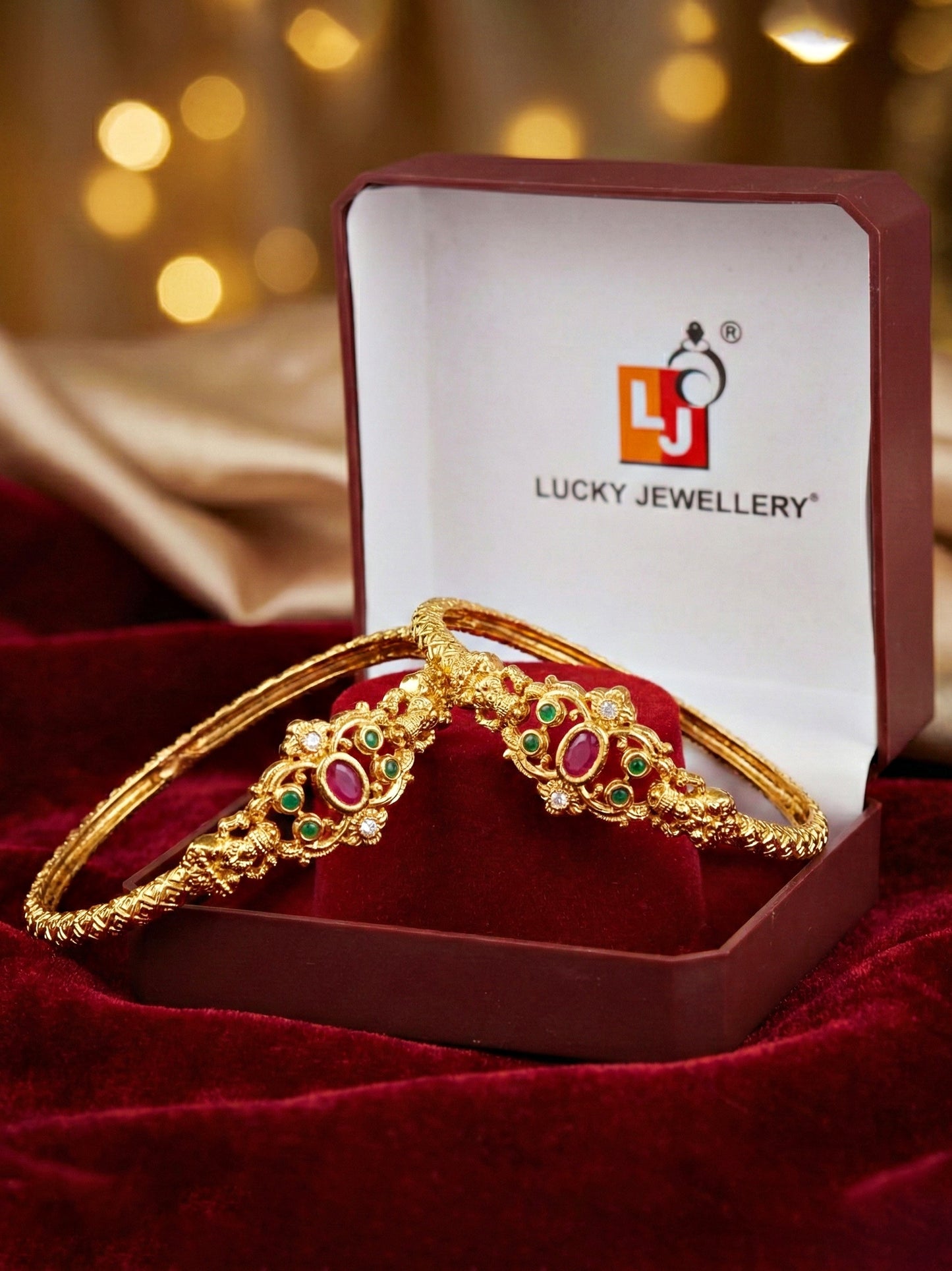 Gold-Plated Temple Style Pink & Green Stone Bangle (568-C1BG-2194-2)