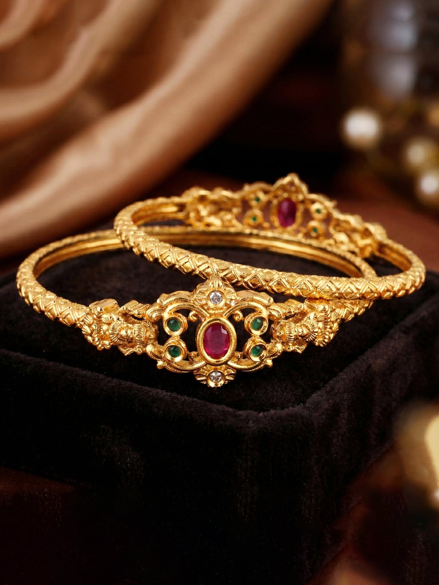 Gold-Plated Temple Style Pink & Green Stone Bangle (568-C1BG-2194-2)