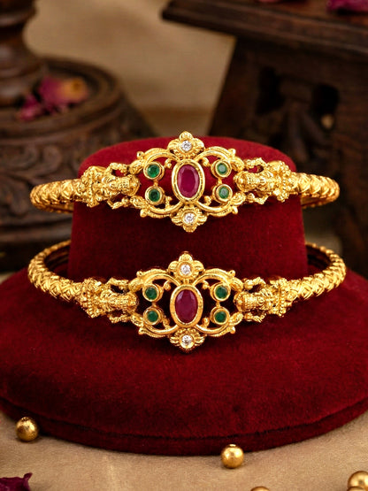 Gold-Plated Temple Style Pink & Green Stone Bangle (568-C1BG-2194-2)