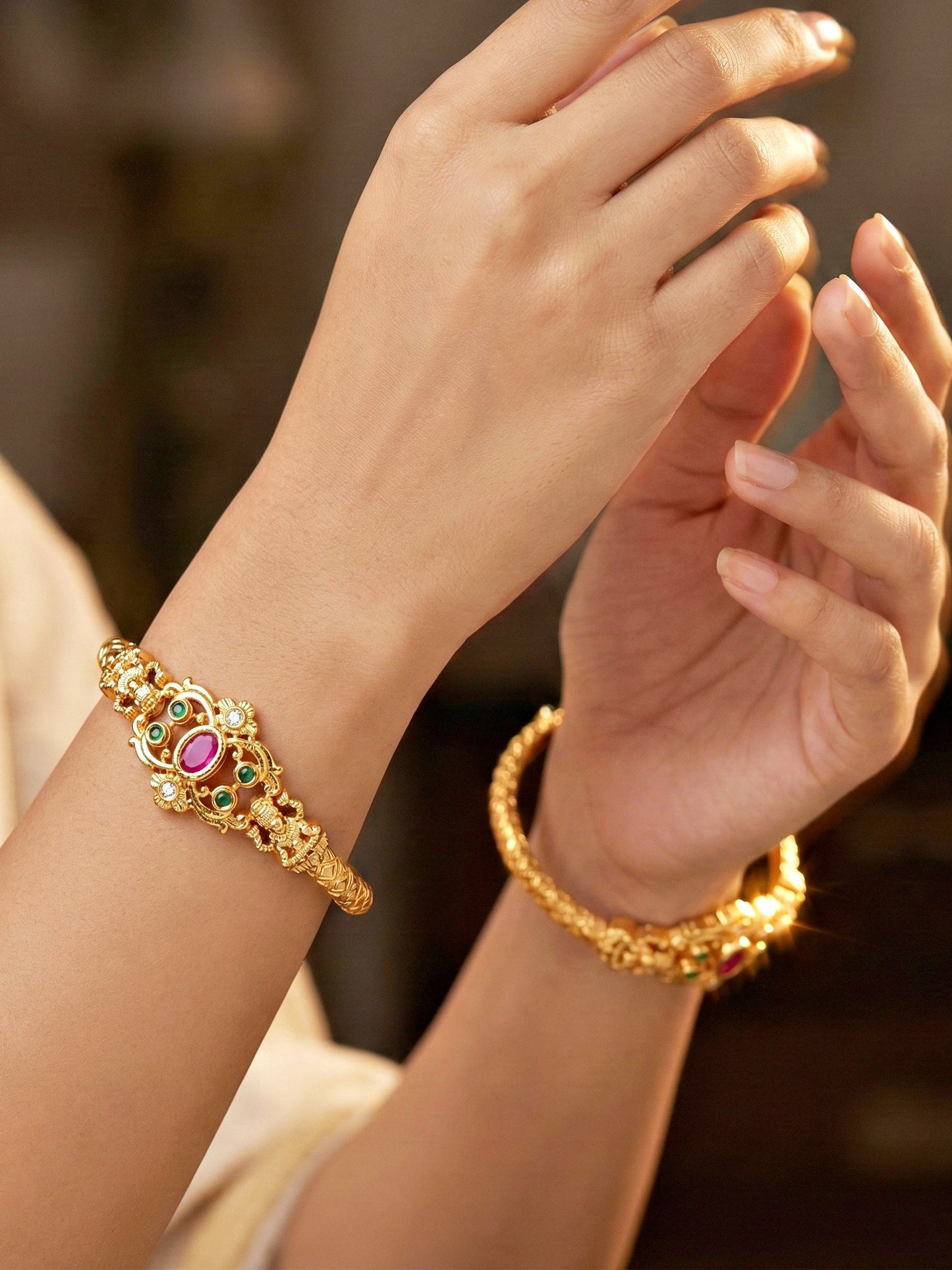 Gold-Plated Temple Style Pink & Green Stone Bangle (568-C1BG-2194-2)