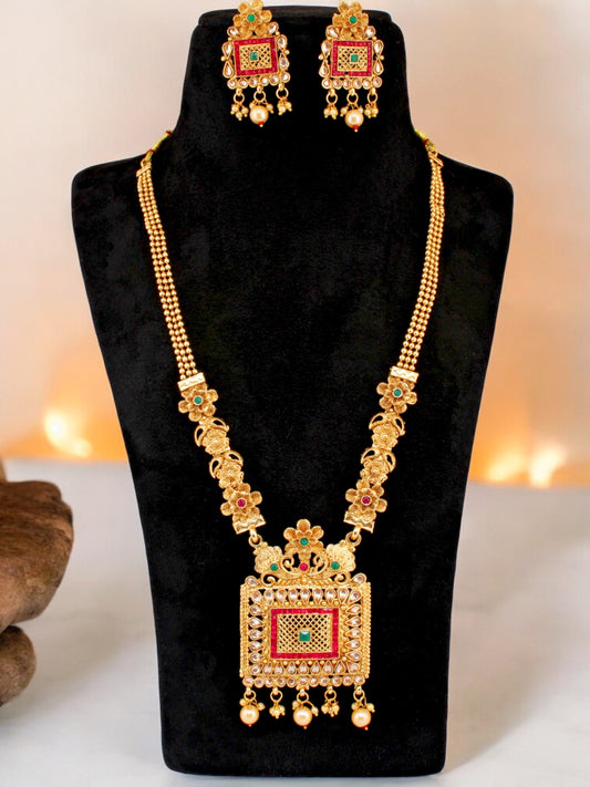 Gold-Plated Long Necklace Set with Earrings Ethnic Jewelry for Women & Girls (594-G2SR-2075-RG)