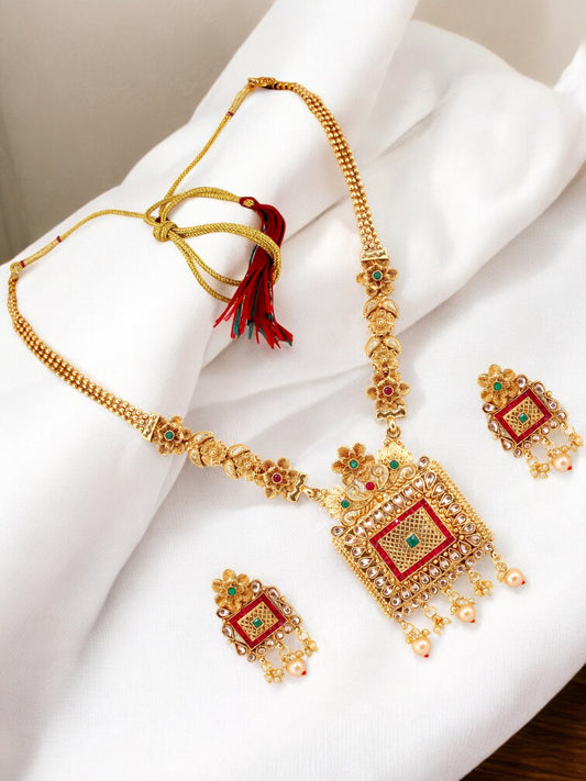 Gold-Plated Long Necklace Set with Earrings Ethnic Jewelry for Women & Girls (594-G2SR-2075-RG)
