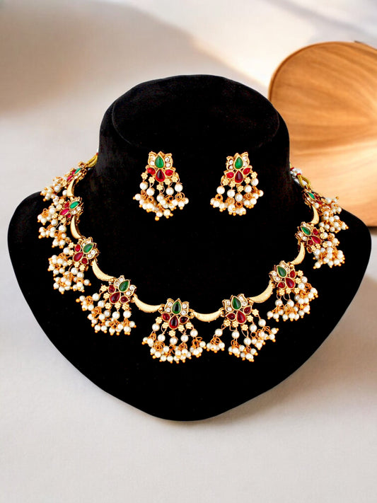 Designer Gold-Plated Floral Necklace Set for Women & Girls – Maroon & Green with White Bead Tassels(594-ISG-2033-MG)