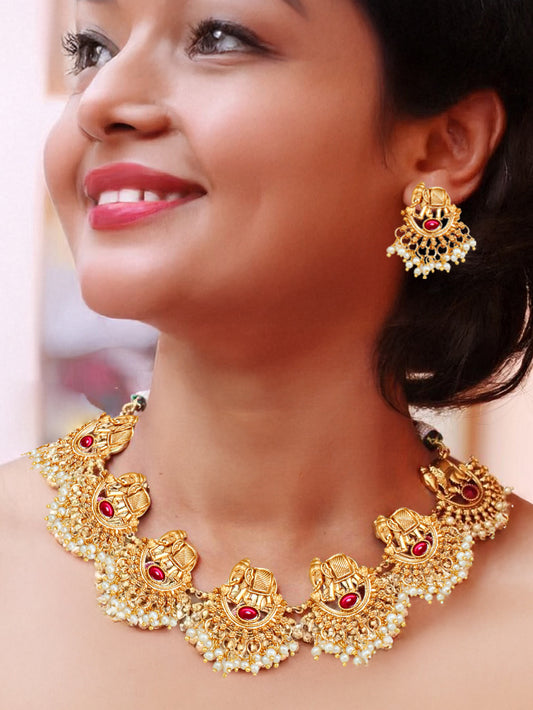 Designer Gold-Plated Elephant Design Choker Necklace Set for Women & Girls  (594-ISG-2034-R)