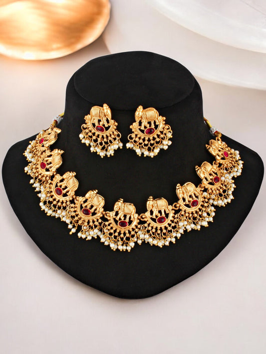 Designer Gold-Plated Elephant Design Choker Necklace Set for Women & Girls  (594-ISG-2034-R)